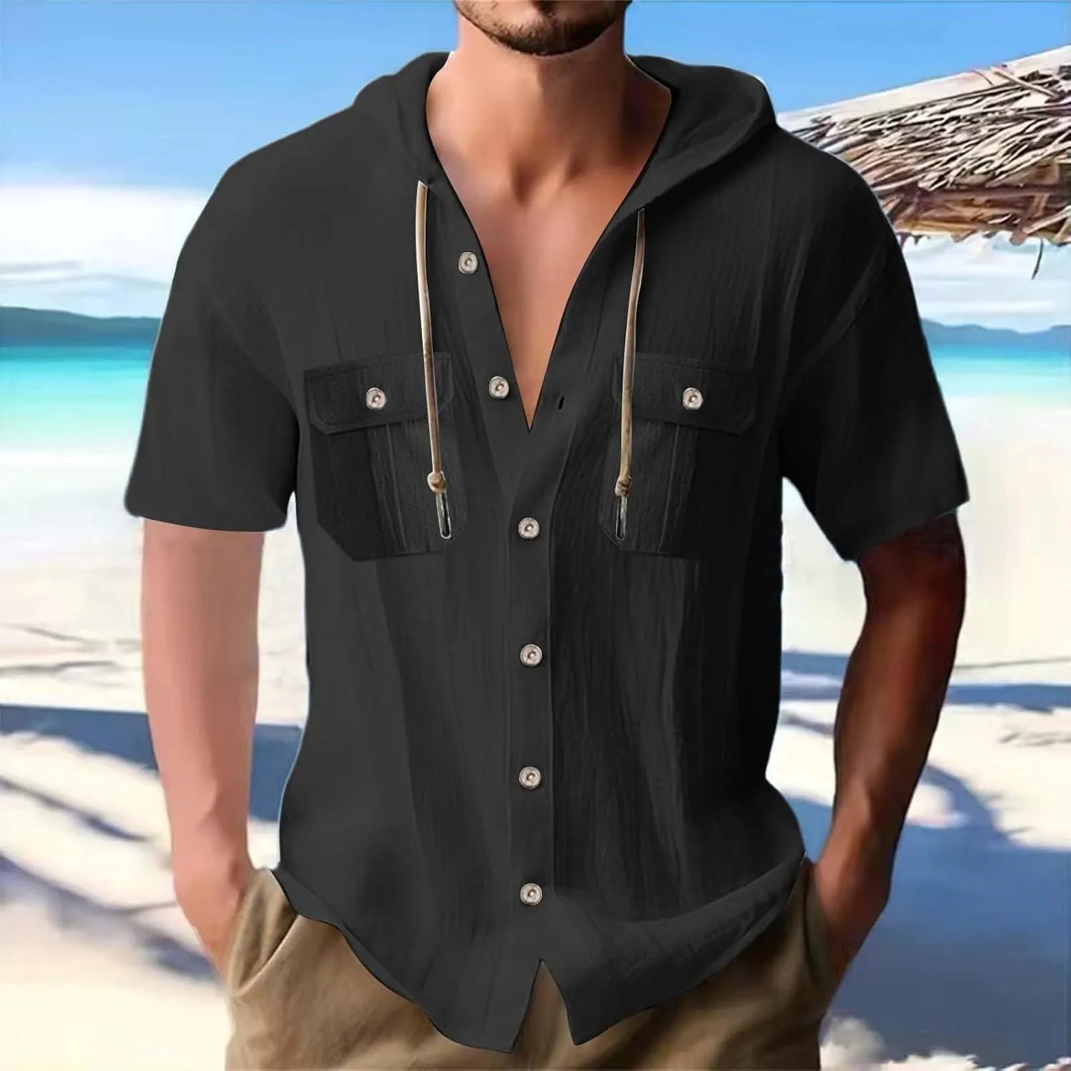 Men's Hooded Linen Shirts Casual Hawaiian Drawstring Button Down Short Sleeve Tops Summer Beach Vacation Hippie Shirt