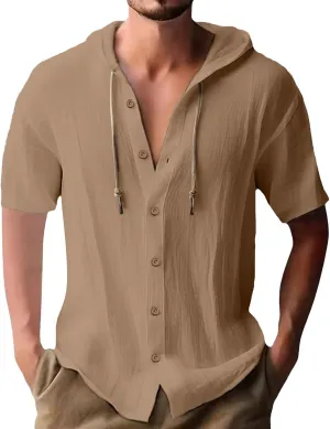 Men's Hooded Linen Shirts Casual Hawaiian Drawstring Button Down Short Sleeve Tops Summer Beach Vacation Hippie Shirt
