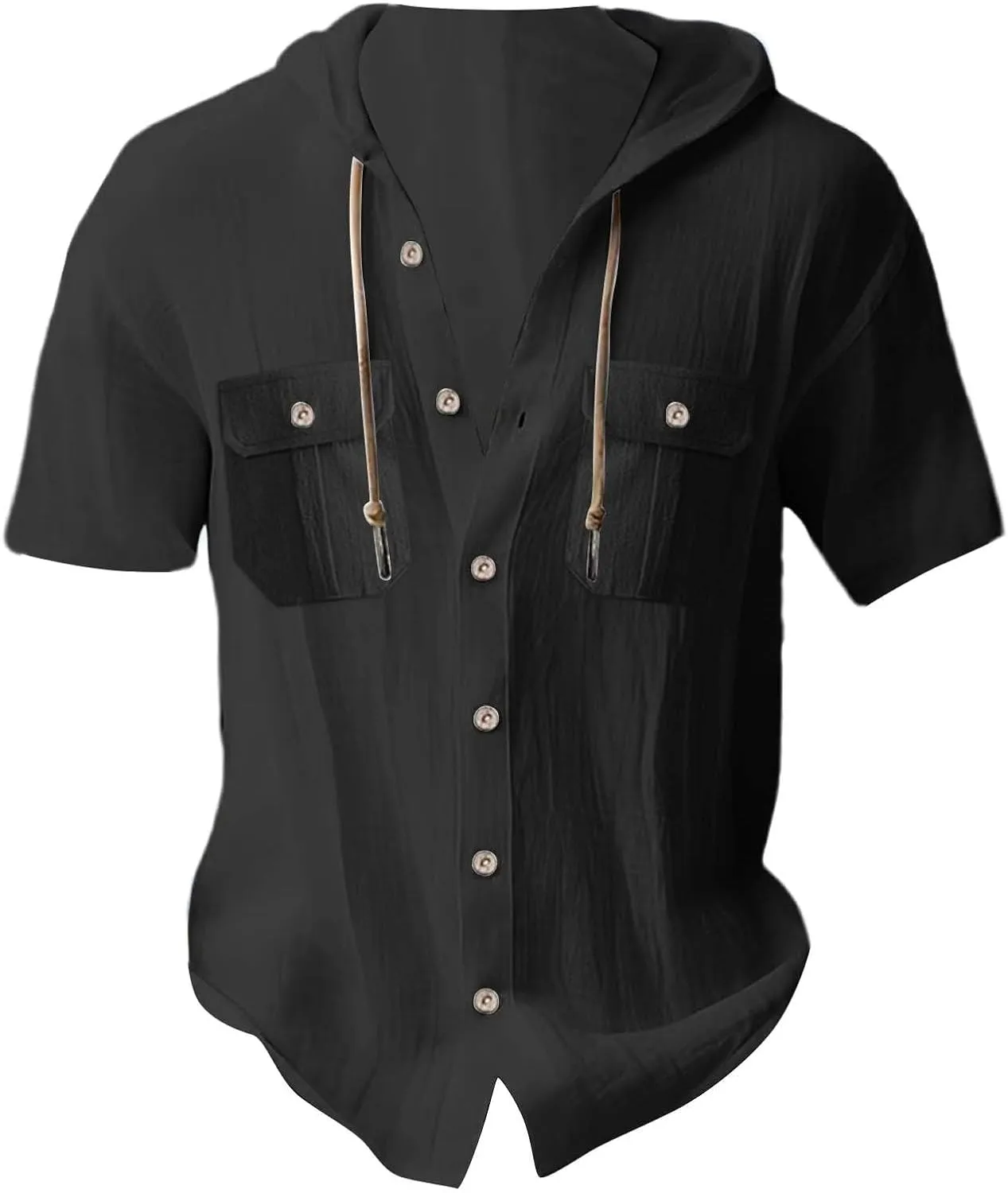 Men's Hooded Linen Shirts Casual Hawaiian Drawstring Button Down Short Sleeve Tops Summer Beach Vacation Hippie Shirt