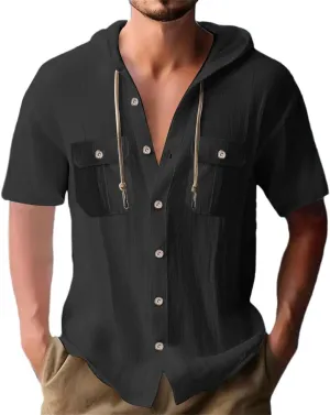 Men's Hooded Linen Shirts Casual Hawaiian Drawstring Button Down Short Sleeve Tops Summer Beach Vacation Hippie Shirt