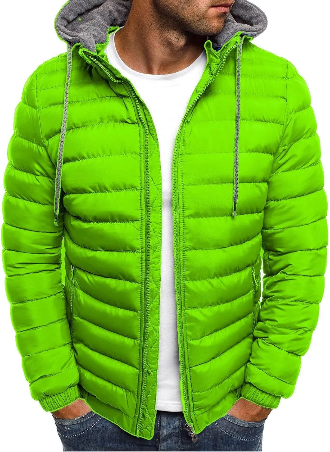 Men's Hooded Puffer Jacket Waterproof Packable Down Coats Winter Warm Cotton Padded Outerwear with Pockets