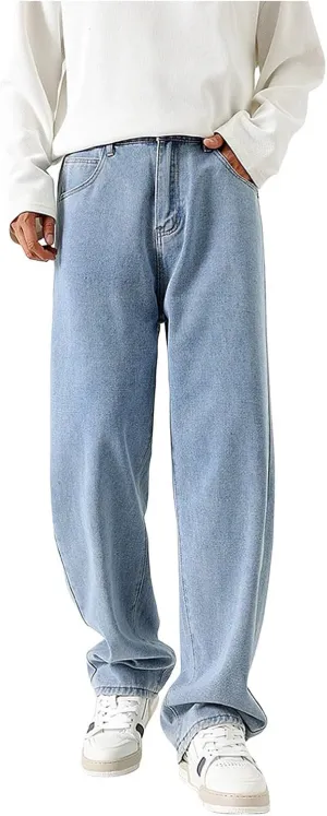 Mens Jeans, Mens Wide Leg Jeans Elastic Waist Baggy Jeans Casual Fashion Drawstring Denim Pants Trousers with Pockets