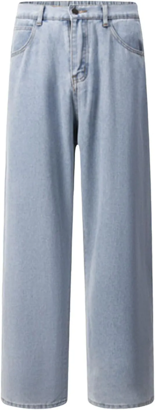 Mens Jeans, Mens Wide Leg Jeans Elastic Waist Baggy Jeans Casual Fashion Drawstring Denim Pants Trousers with Pockets