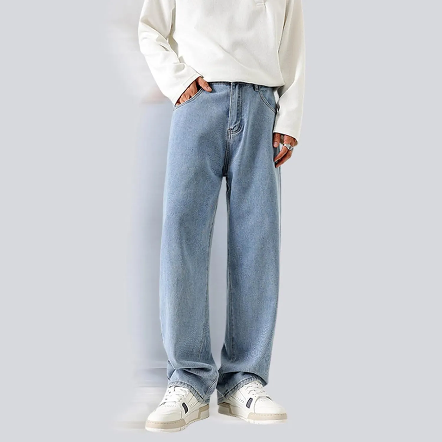 Mens Jeans, Mens Wide Leg Jeans Elastic Waist Baggy Jeans Casual Fashion Drawstring Denim Pants Trousers with Pockets