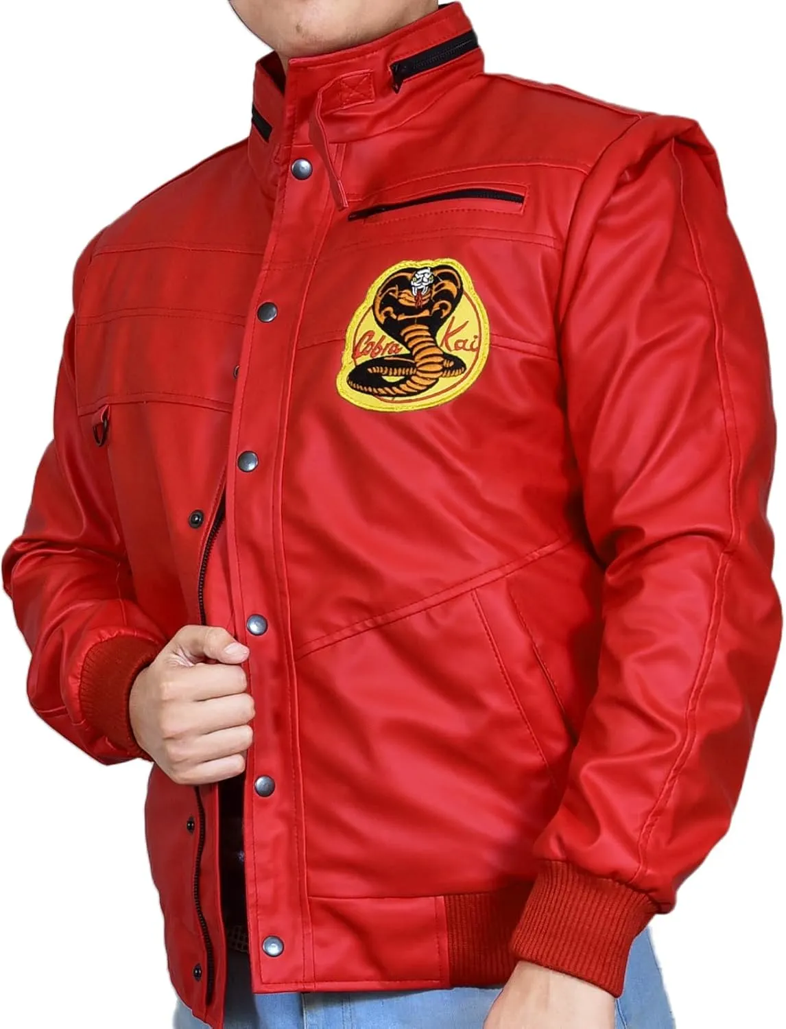 Mens Johnny The Karate Cobra Red Faux Leather Retro Bomber Warm Jacket