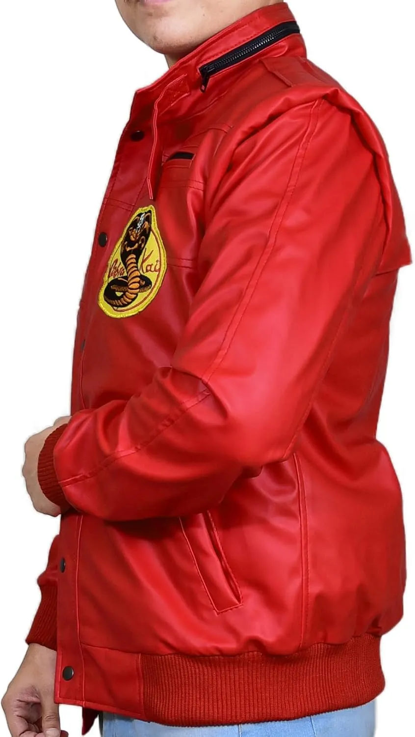 Mens Johnny The Karate Cobra Red Faux Leather Retro Bomber Warm Jacket