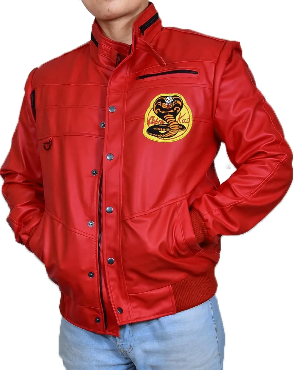 Mens Johnny The Karate Cobra Red Faux Leather Retro Bomber Warm Jacket