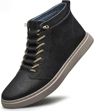 Men's Leather Embossed Flat High-Top Sneakers Autumn Plus Velvet Comfortable Warm Flat Non-Slip Lace-Up Chukka Boots Simple Fashion Walking Sports