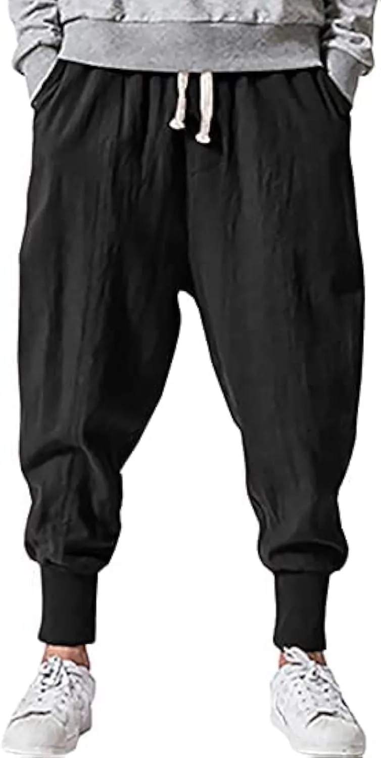 Mens Linen Harem Pants Lightweight Drawstring Elastic Waist Baggy Joggers Casual Cargo Sweatpants Pant