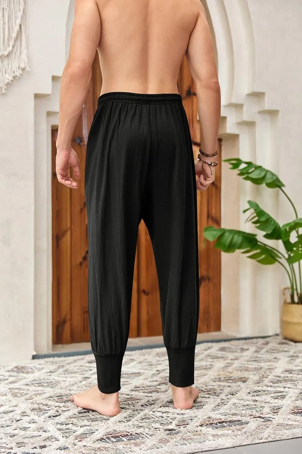 Mens Linen Harem Pants Lightweight Drawstring Elastic Waist Baggy Joggers Casual Cargo Sweatpants Pant