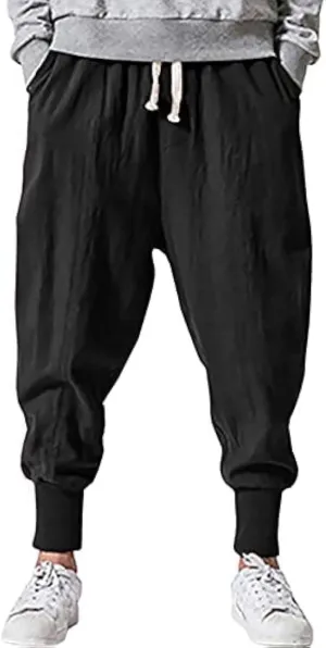Mens Linen Harem Pants Lightweight Drawstring Elastic Waist Baggy Joggers Casual Cargo Sweatpants Pant
