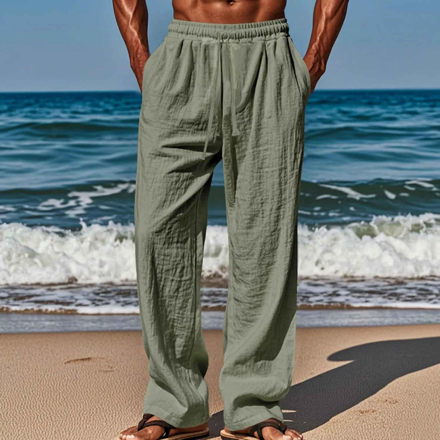 Mens Linen Pants Yoga Beach Loose Fit Casual Summer Elastic Waist Drawstring Baggy Trousers with Pockets