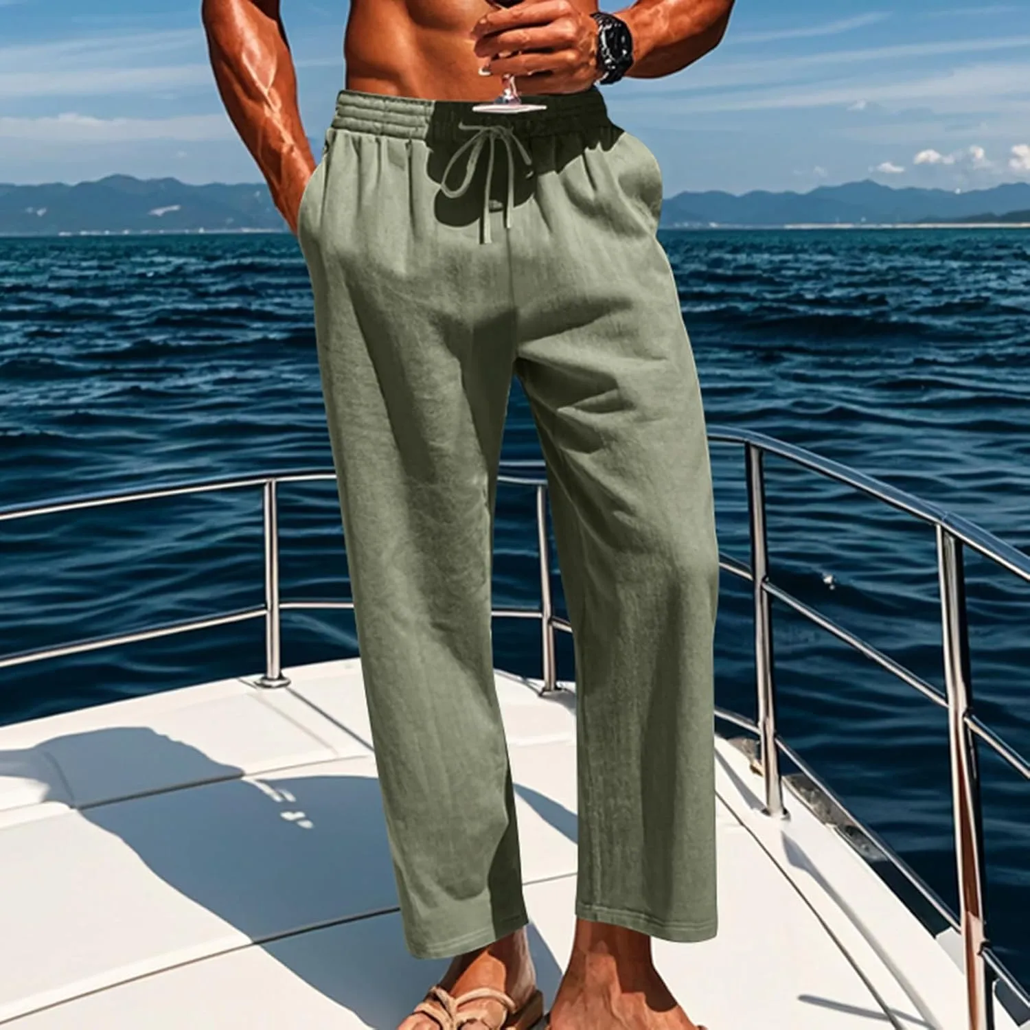 Mens Linen Pants Yoga Beach Loose Fit Casual Summer Elastic Waist Drawstring Baggy Trousers with Pockets