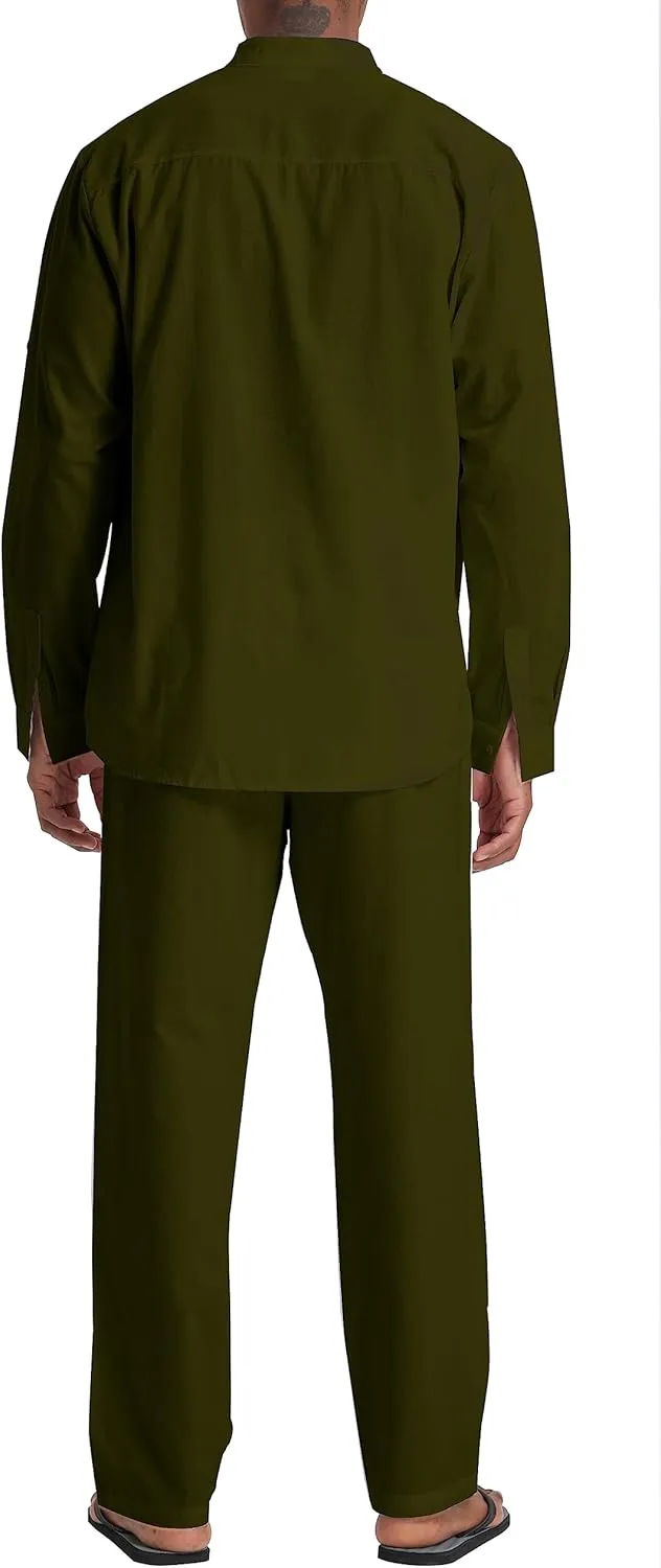 Men's Linen Sets Henley Shirts 2 Piece Vacation Outfits Beach Clothes Casual Suit Long Sleeve Shirt Yoga Pants Summer