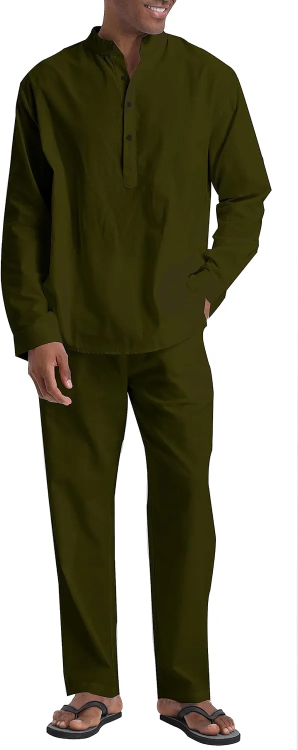 Men's Linen Sets Henley Shirts 2 Piece Vacation Outfits Beach Clothes Casual Suit Long Sleeve Shirt Yoga Pants Summer