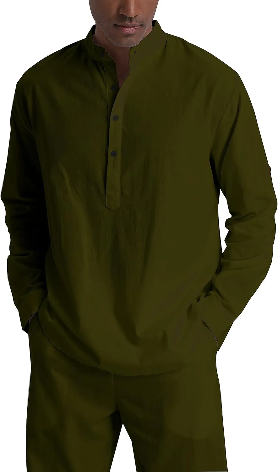 Men's Linen Sets Henley Shirts 2 Piece Vacation Outfits Beach Clothes Casual Suit Long Sleeve Shirt Yoga Pants Summer