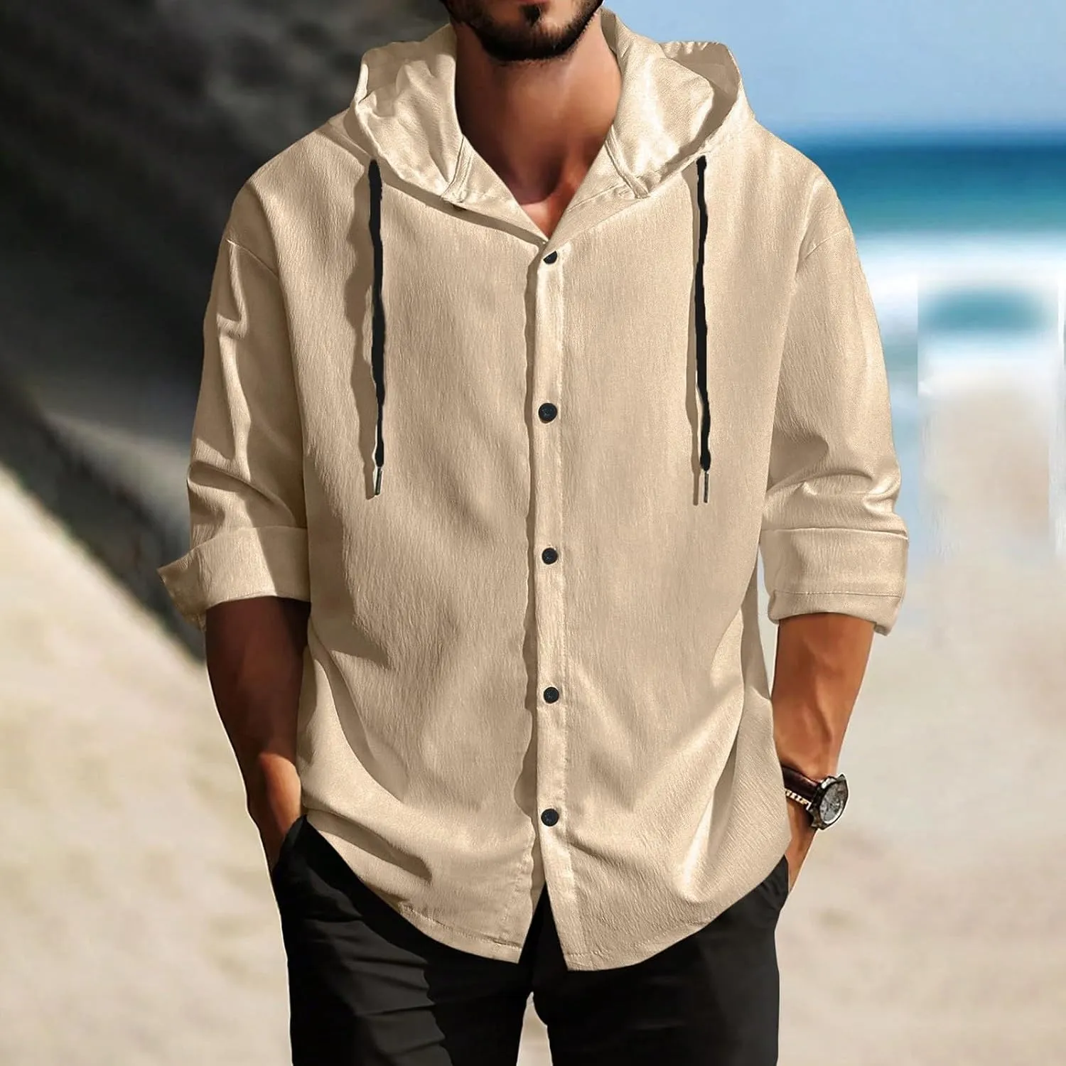 Mens Linen Shirts Long Sleeve Drawstring Button Down Casual Hooded T Shirt for Men 2025 Stylish Roll-Up Sleeve
