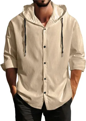 Mens Linen Shirts Long Sleeve Drawstring Button Down Casual Hooded T Shirt for Men 2025 Stylish Roll-Up Sleeve