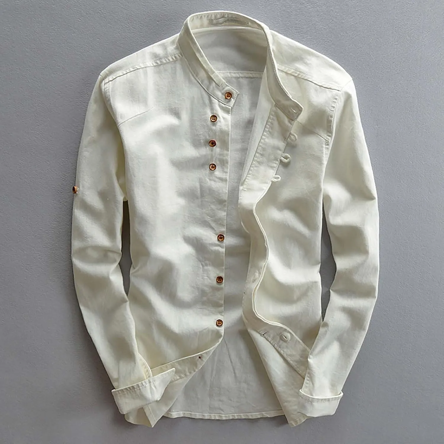 Men's Long Sleeved Shirt Casual Linen Retro Chinese Slim Stand Up Collar Slim Shirt Jacket Button Down Collar