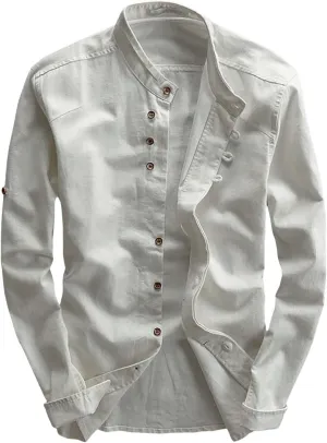Men's Long Sleeved Shirt Casual Linen Retro Chinese Slim Stand Up Collar Slim Shirt Jacket Button Down Collar