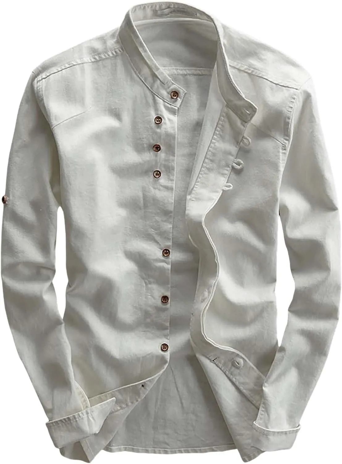 Men's Long Sleeved Shirt Casual Linen Retro Chinese Slim Stand Up Collar Slim Shirt Jacket Button Down Collar