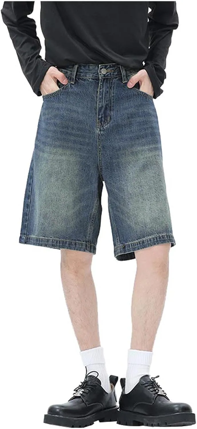Men's Loose Y2K Hip Hop Cropped Jean Shorts Work Denim Shorts with Pockets Casual Trendy Outfits