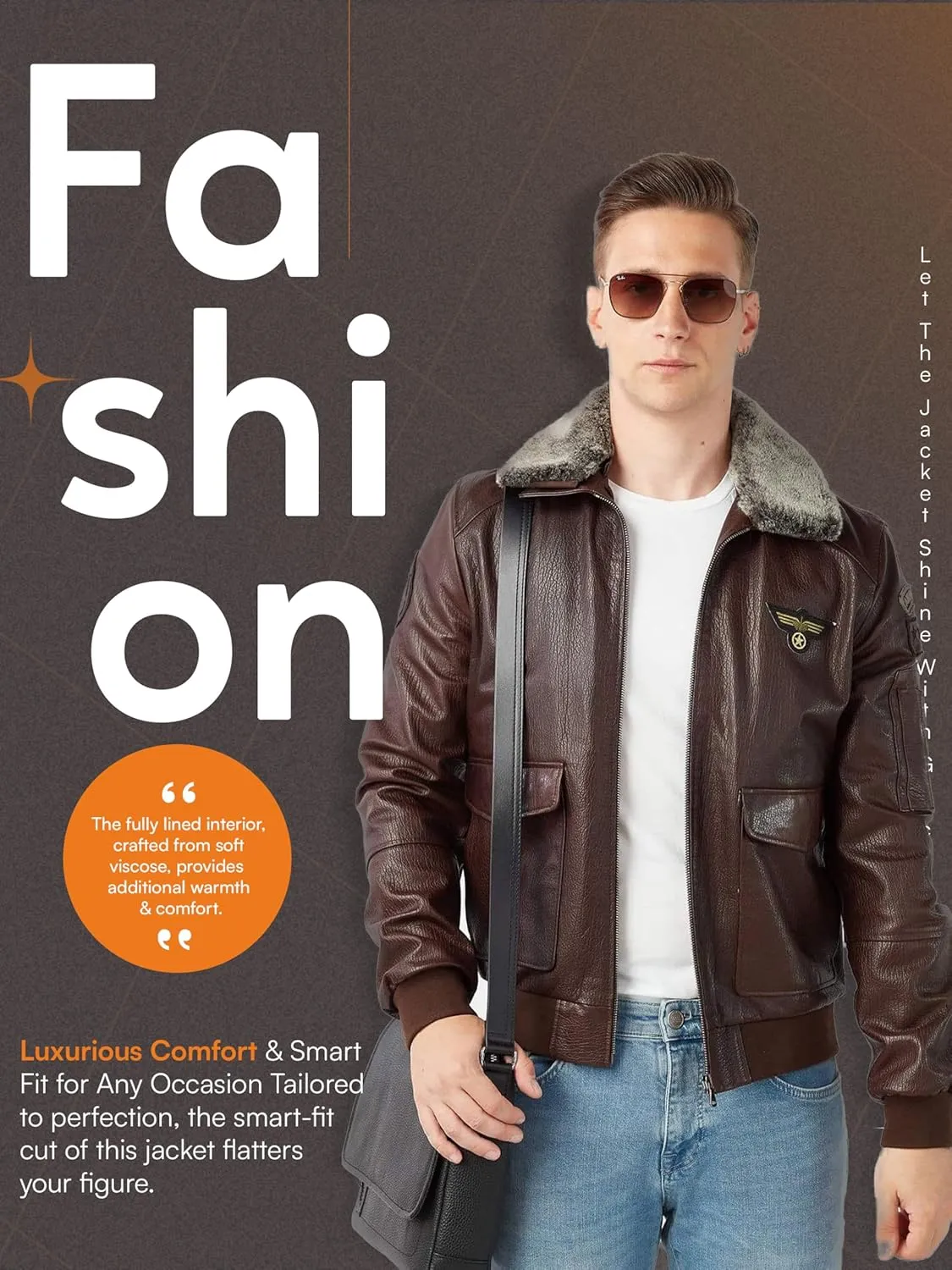 Men's Pilot Style Dark Brown Bomber Jacket - Shearling Fur Collar Genuine Sheepskin Leather Aviator Jacket