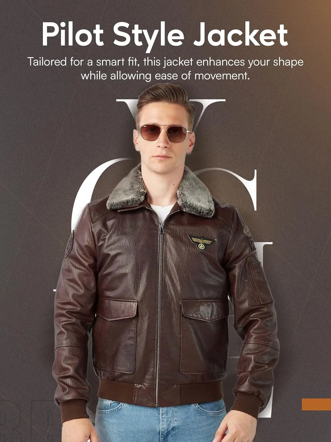 Men's Pilot Style Dark Brown Bomber Jacket - Shearling Fur Collar Genuine Sheepskin Leather Aviator Jacket