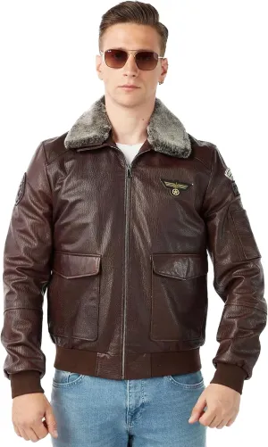 Men's Pilot Style Dark Brown Bomber Jacket - Shearling Fur Collar Genuine Sheepskin Leather Aviator Jacket