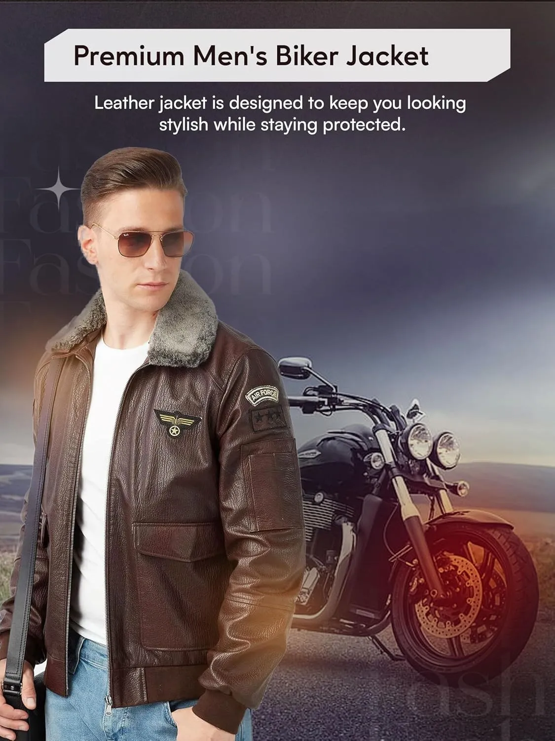 Men's Pilot Style Dark Brown Bomber Jacket - Shearling Fur Collar Genuine Sheepskin Leather Aviator Jacket