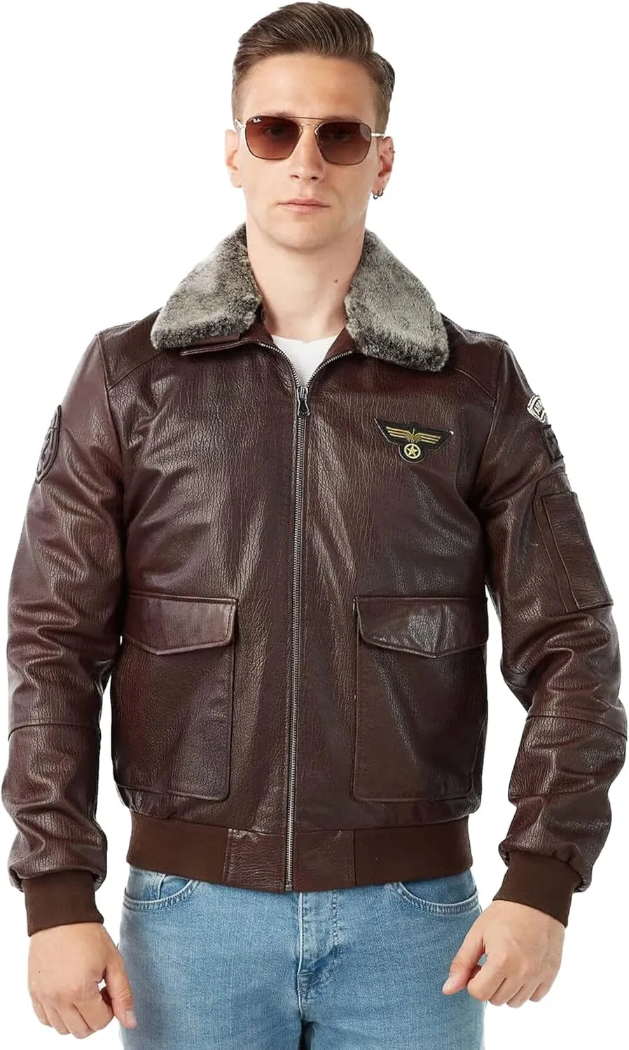 Men's Pilot Style Dark Brown Bomber Jacket - Shearling Fur Collar Genuine Sheepskin Leather Aviator Jacket
