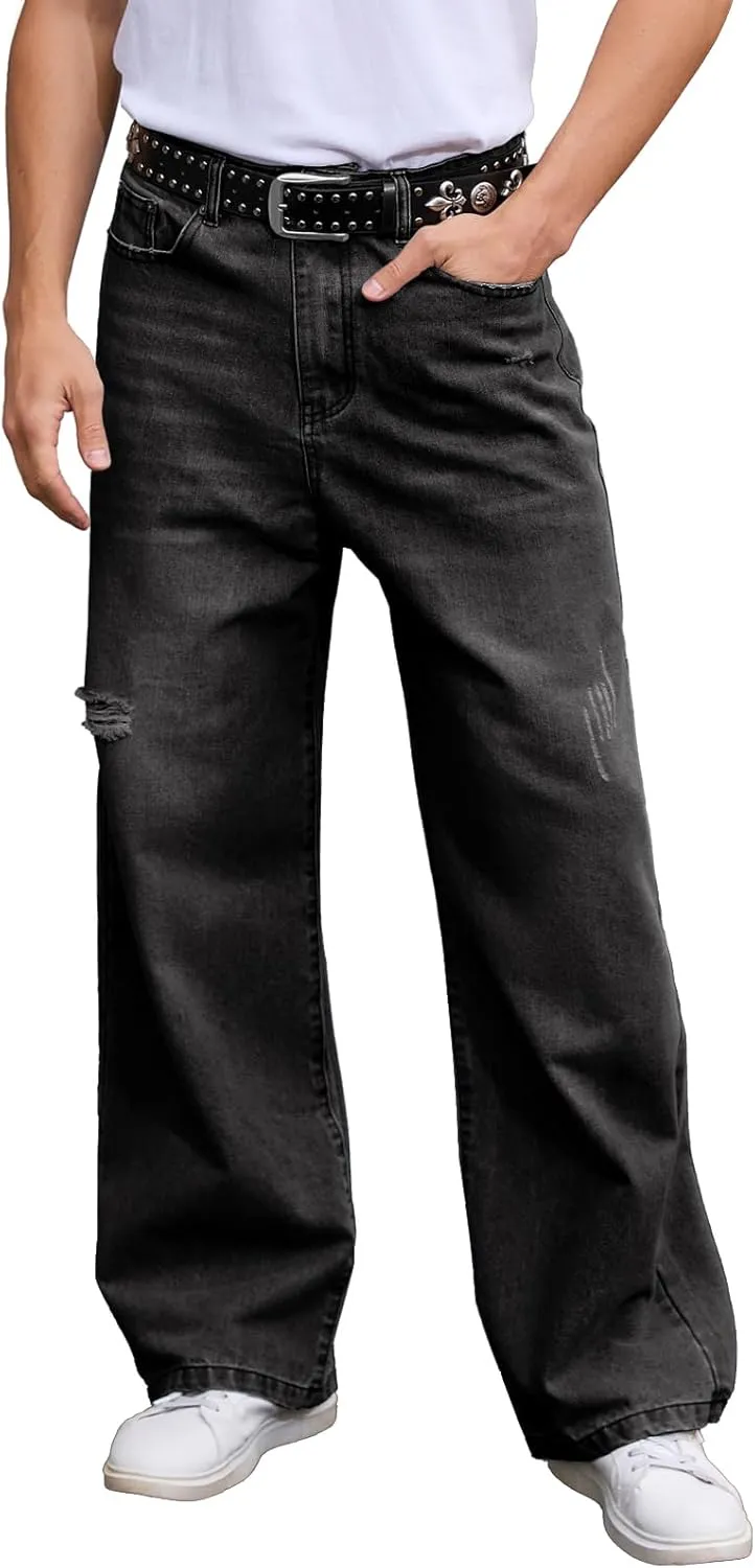Men's Ripped Baggy Jeans Hip Hop Loose Fit Distressed Denim Pants Wide Leg Streetwear Trousers
