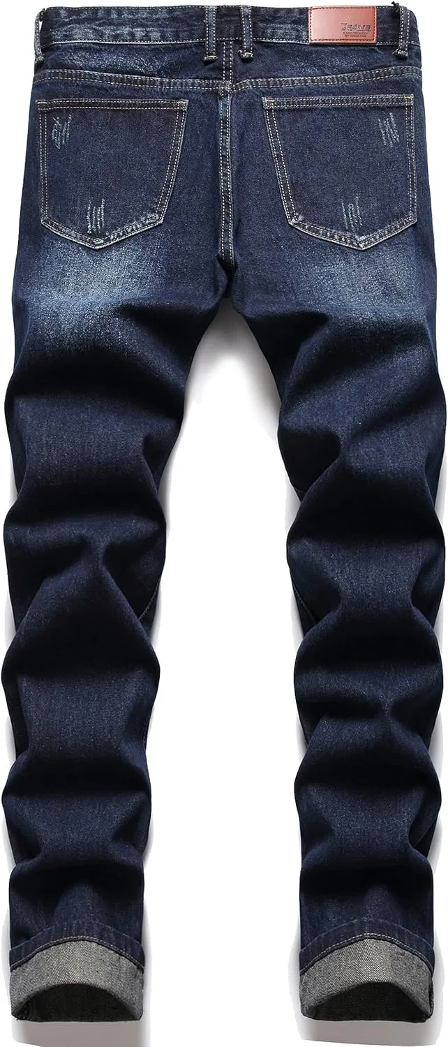 Men's Ripped Distressed Destroyed Straight Fit Washed Denim Jeans Pants
