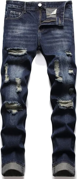 Men's Ripped Distressed Destroyed Straight Fit Washed Denim Jeans Pants
