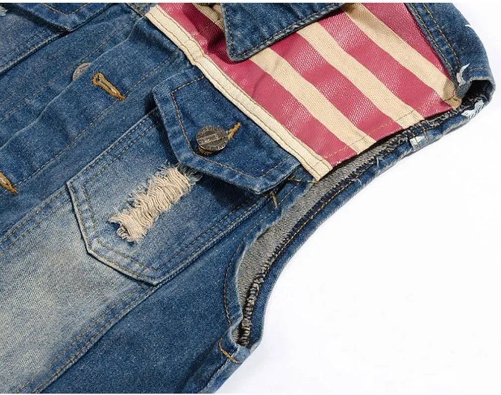 Men's Slim Fit Retro Cow Light Blue Denim Vest 167