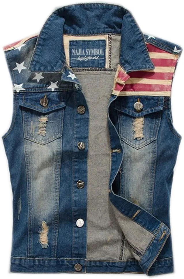 Men's Slim Fit Retro Cow Light Blue Denim Vest 167