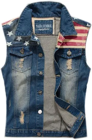Men's Slim Fit Retro Cow Light Blue Denim Vest 167