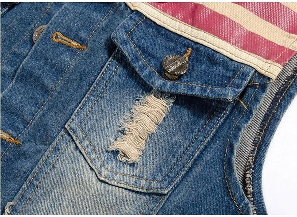 Men's Slim Fit Retro Cow Light Blue Denim Vest 167