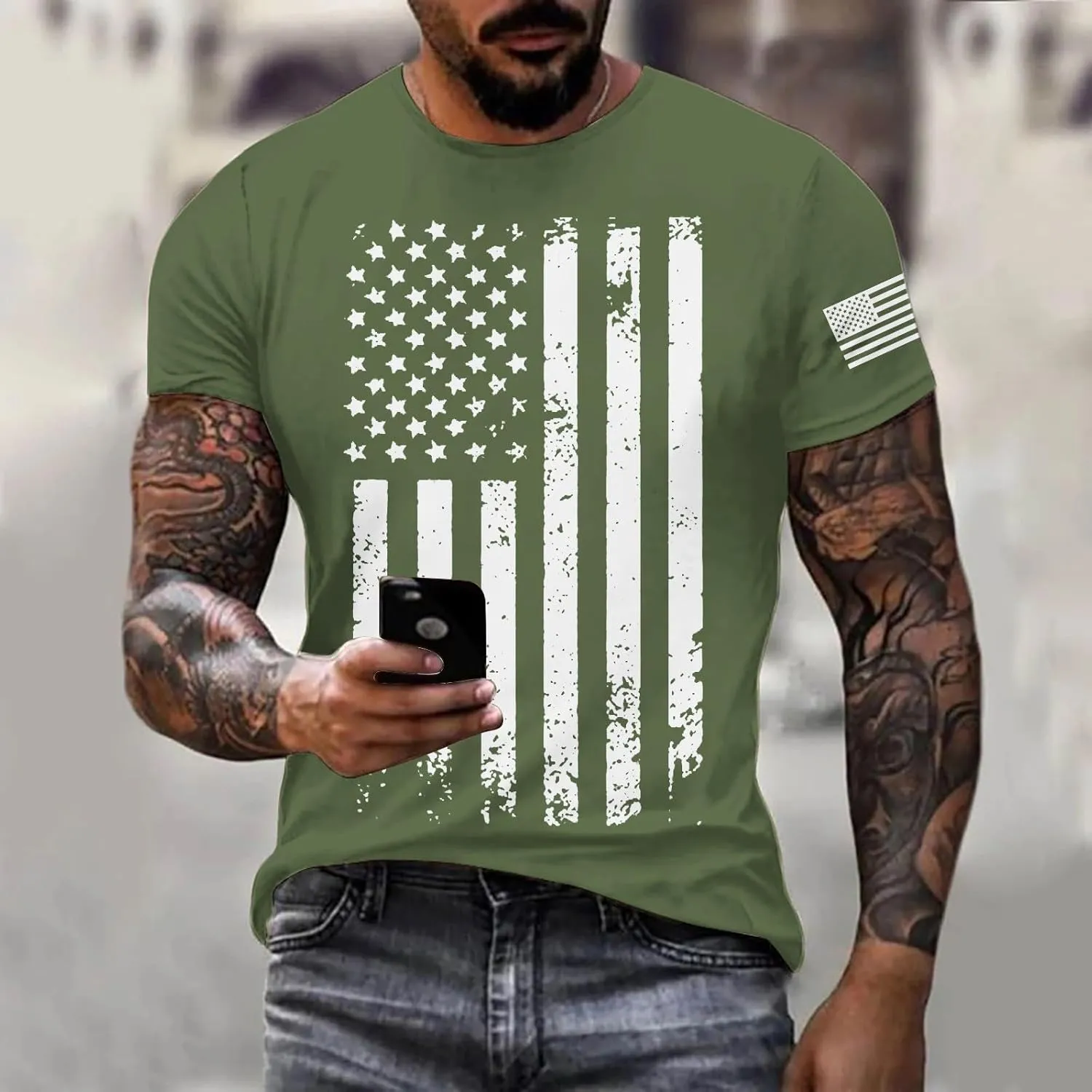 Mens T-Shirts Short Sleeve USA Flag Print 4th of July Patriotic T-Shirts Regular Fit Quick Dry Plus Size Tees