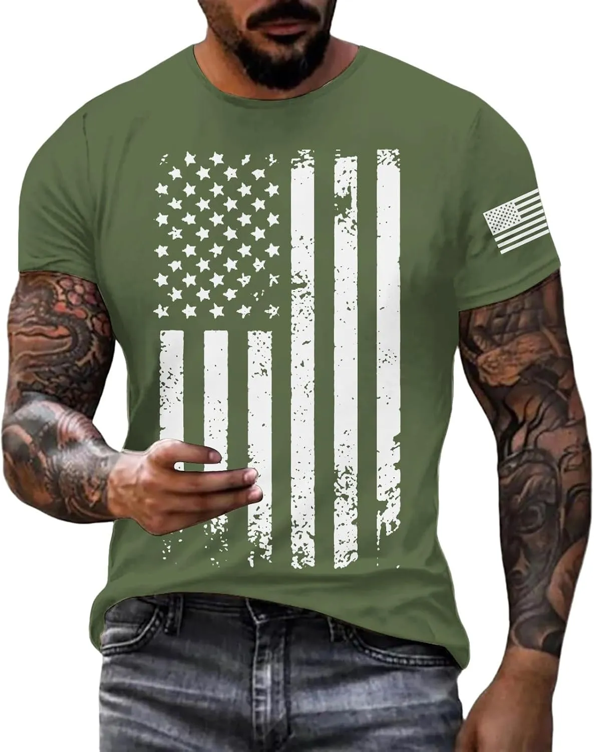 Mens T-Shirts Short Sleeve USA Flag Print 4th of July Patriotic T-Shirts Regular Fit Quick Dry Plus Size Tees