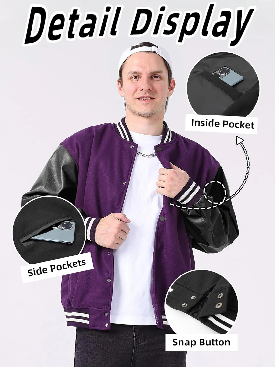 Men's Varsity Baseball College Letterman High School Bomber Wool   Faux Leather Jacket