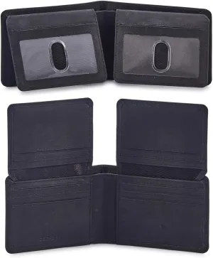 Mens Wallet Real Leather Bifold RFID Blocking High Capacity Card Case with 2 ID Window in Gift Box (Crazy Horse, Black)