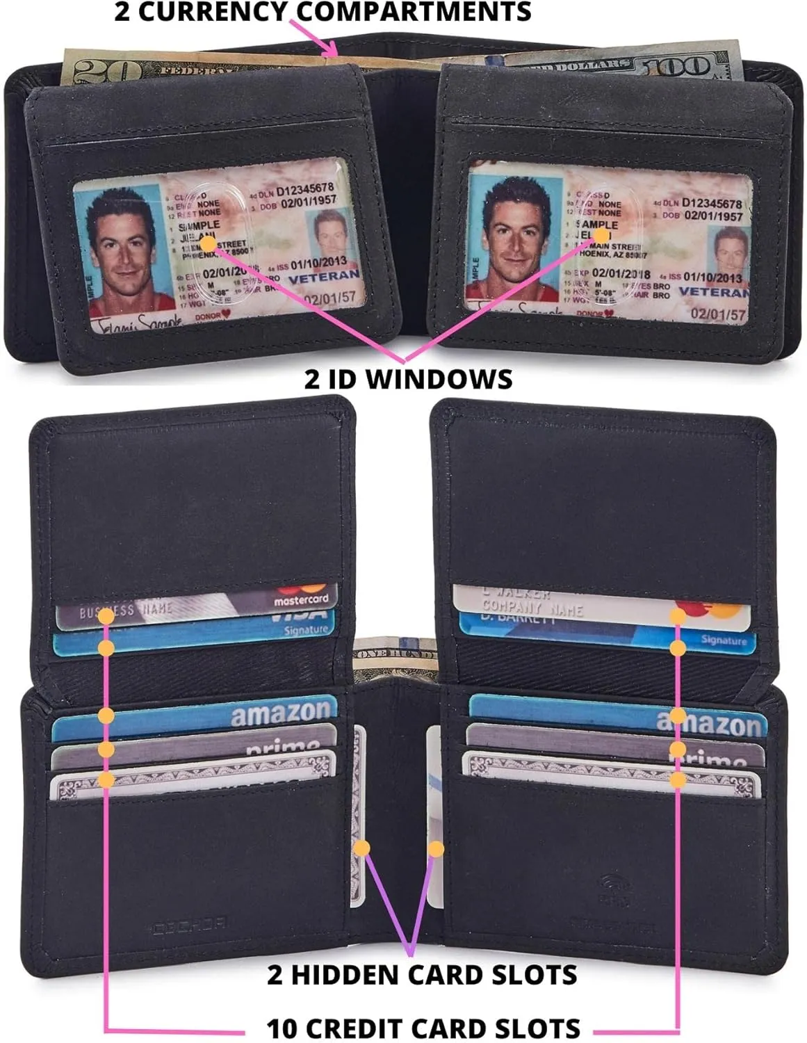 Mens Wallet Real Leather Bifold RFID Blocking High Capacity Card Case with 2 ID Window in Gift Box (Crazy Horse, Black)