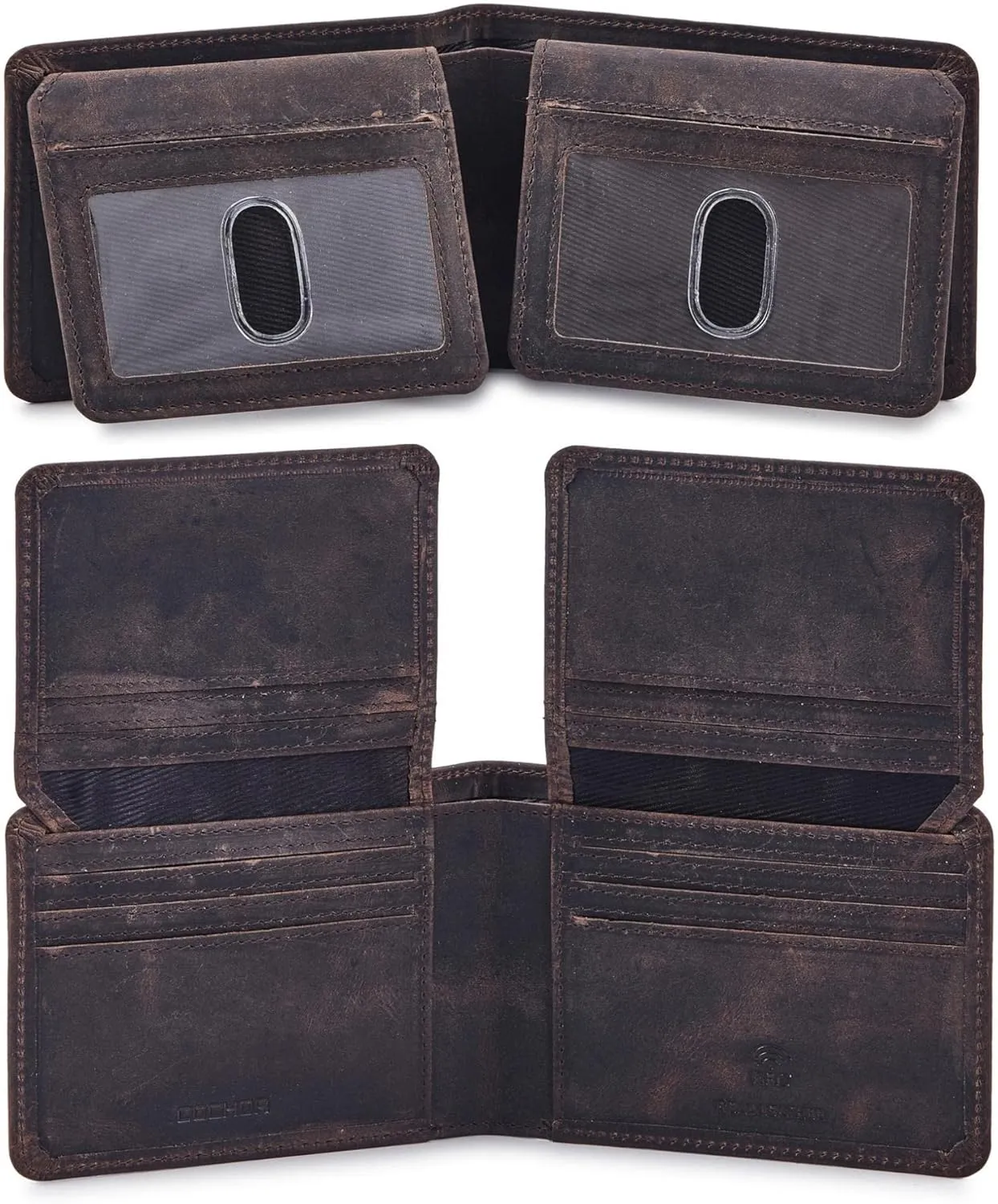 Mens Wallet Real Leather Bifold RFID Blocking High Capacity Card Case with 2 ID Window in Gift Box (Crazy Horse, Coffee)