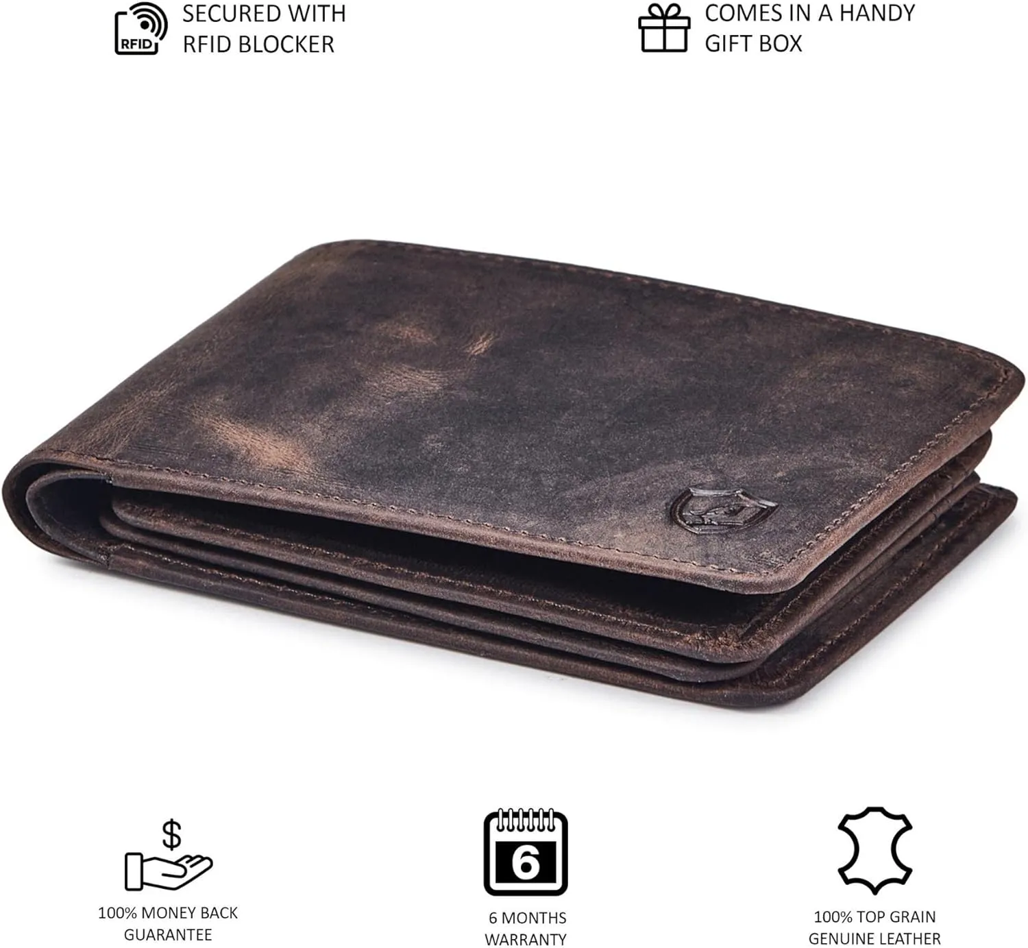 Mens Wallet Real Leather Bifold RFID Blocking High Capacity Card Case with 2 ID Window in Gift Box (Crazy Horse, Coffee)