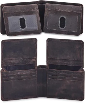 Mens Wallet Real Leather Bifold RFID Blocking High Capacity Card Case with 2 ID Window in Gift Box (Crazy Horse, Coffee)