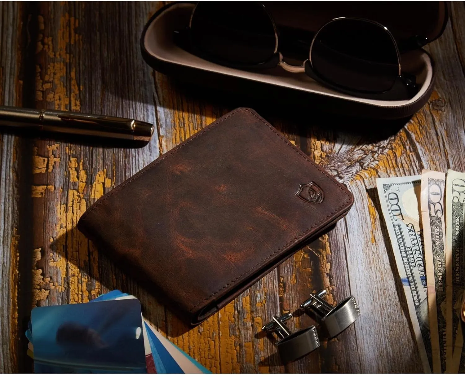 Mens Wallet Real Leather Bifold RFID Blocking High Capacity Card Case with 2 ID Window in Gift Box (Crazy Horse, Cognac)