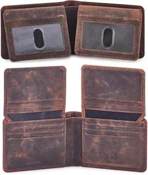 Mens Wallet Real Leather Bifold RFID Blocking High Capacity Card Case with 2 ID Window in Gift Box (Crazy Horse, Cognac)