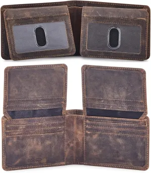 Mens Wallet Real Leather Bifold RFID Blocking High Capacity Card Case with 2 ID Window in Gift Box (Crazy Horse, Moss)