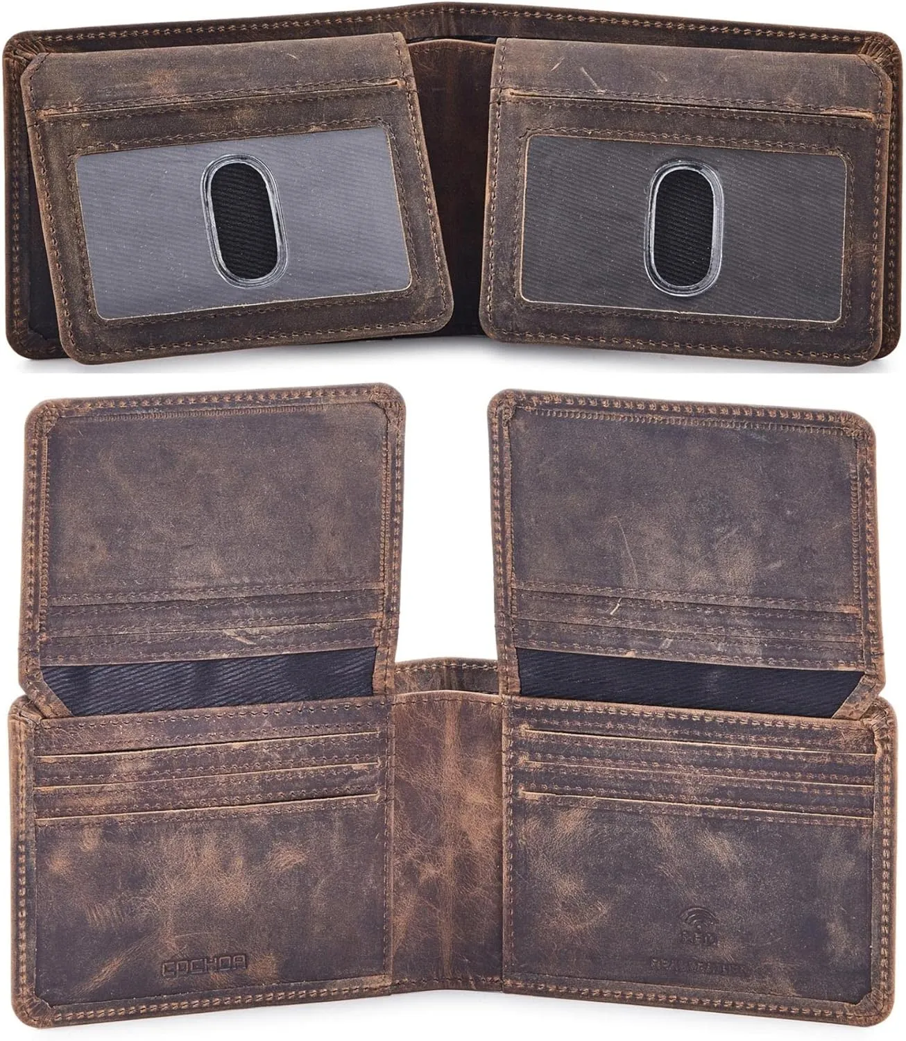 Mens Wallet Real Leather Bifold RFID Blocking High Capacity Card Case with 2 ID Window in Gift Box (Crazy Horse, Moss)